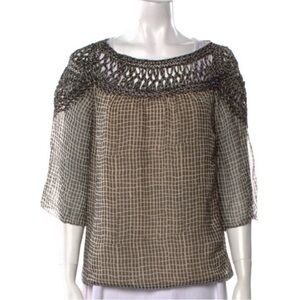 3.1 Phillip Lim Kojima Silk Shirt Blouse 100% Tan/Black Semi Sheer-Size 0 - EUC